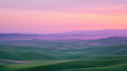 Serene landscape at dawn, soft pastel hues in the sky, rolling hills covered in gentle greenery, peaceful ambiance for relaxation.
