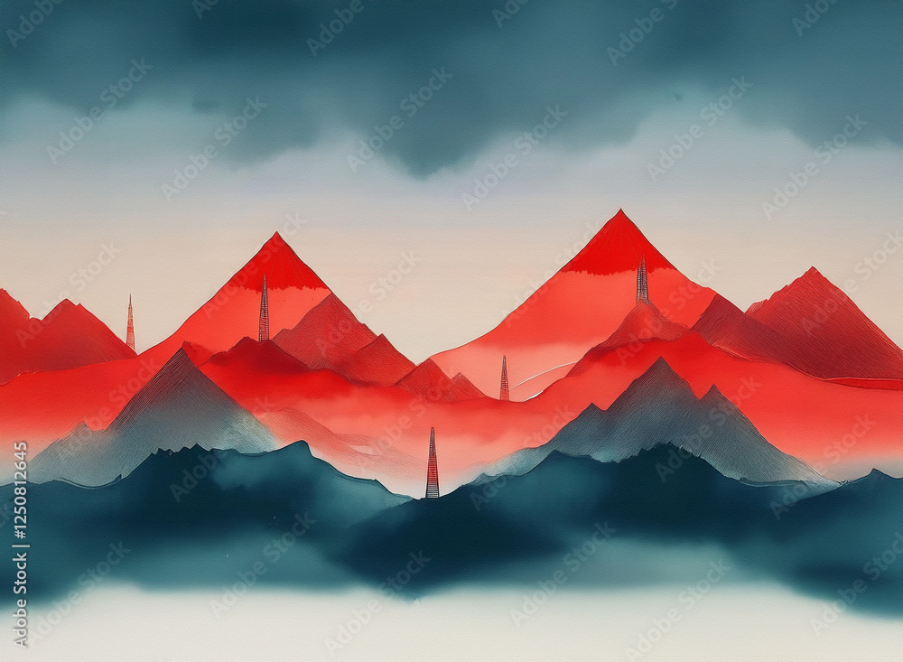 Poster a scenic background of layered mountains in shades of red and blue, fading into a cloudy sky. the pe