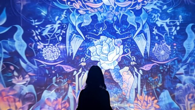 Horizontal back view, view medium long studio shot of young women standing in blue/violet projector light.