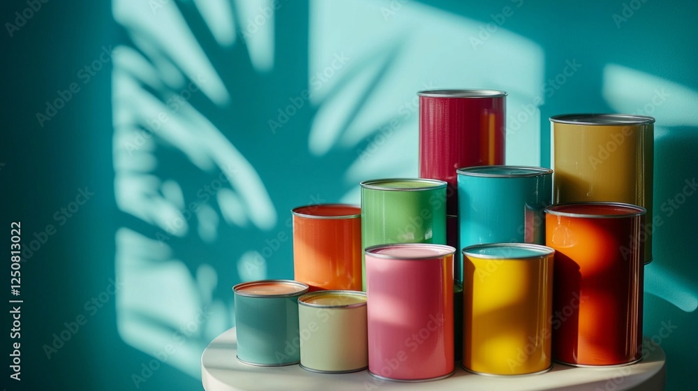 Poster vivid cans of paint are thoughtfully positioned on a white table, casting colorful reflections on a 