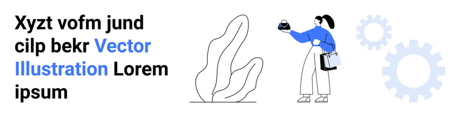 Woman in blue shirt holding object with briefcase, standing near abstract leafy plant and gears. Ideal for business, teamwork, innovation, productivity, technology, creativity, flat landing page