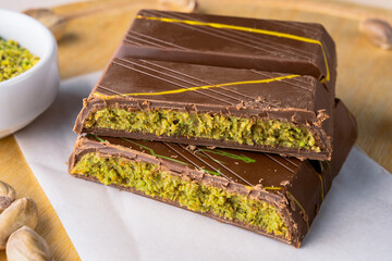 Chocolate bar filled with pistachio kunafa. Dubai chocolate