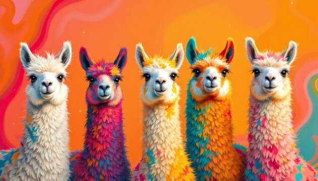 Five Colorful Llamas Posing Against Vibrant Orange Background Digital Art
