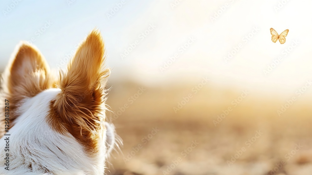 Aufkleber A curious dog watching a delicate butterfly fluttering in the warm sunlight on a beautiful day : Generative AI