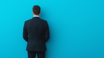 A man in a formal suit stands against a vibrant blue wall, symbolizing professionalism and contemplation in the corporate world