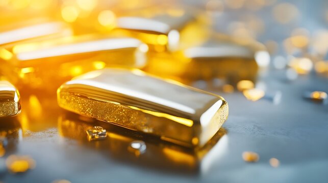 Shiny gold bars carefully arranged on a surface reflecting light and luxury wealth theme : Generative AI