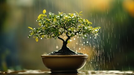 Rain-Soaked Bonsai Tree Outdoors, Garden, Peaceful