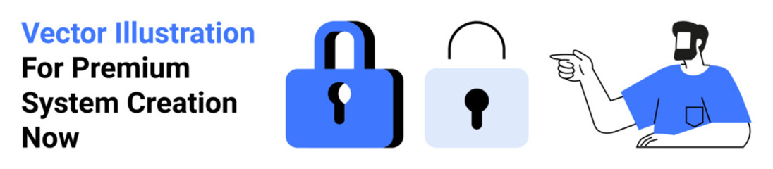 Two padlocks, one circular and one square, with a man gesturing toward them. Ideal for cybersecurity, privacy, safety, data protection, system creation, technology services flat landing page banner