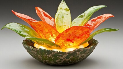 Colorful glass plant lamp in ceramic bowl