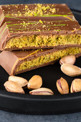 Chocolate bar filled with pistachio kunafa. Dubai chocolate