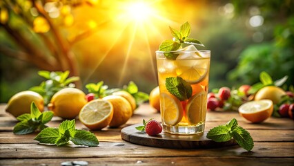 Fototapeta premium A refreshing glass of iced tea with lemon slices, mint leaves, and strawberries on a rustic wooden table, surrounded by fresh ingredients, with golden sunlight streaming in from the background.