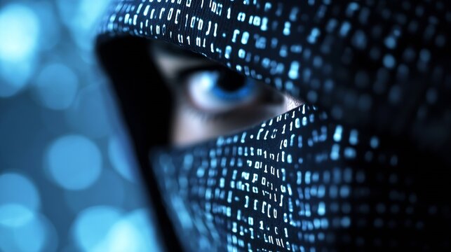 Intriguing CloseUp of Anonymity In Cybersecurity With A Figure Cloaked In Binary Code : Generative AI