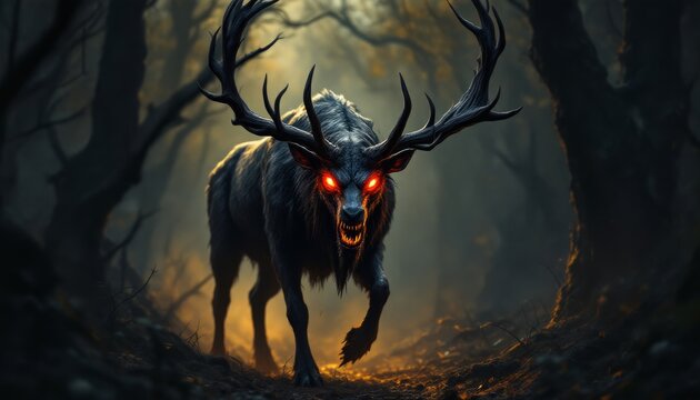 A Menacing Dark Beast with Glowing Red Eyes Stalking Through a Mysterious Forest