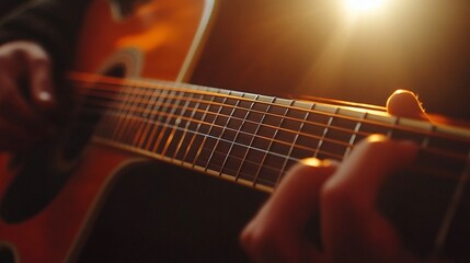 Naklejka premium Hands Playing Acoustic Guitar Under Soft Warm Light
