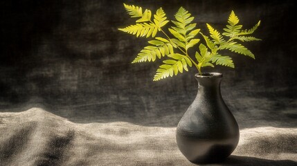 Dark Vase with Fern, Studio Still Life