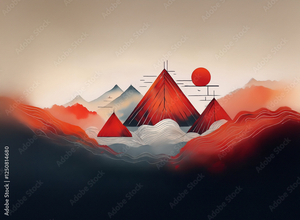Poster geometric mountain peaks with a red sun and layers of fog in the background create a serene and abst
