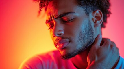 Young man with expressive features posing under vibrant neon lighting, showcasing artistry and individuality, with an introspective gaze and gentle hand placement on his neck.