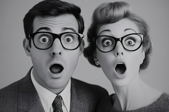 Shocked business people wearing glasses showing surprise expression