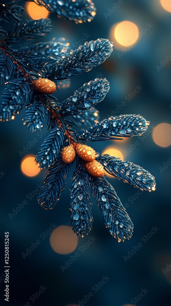 Poster close-up of pine branch with water droplets and bokeh background