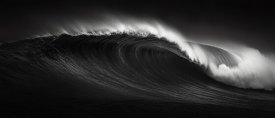 A stunning black and white photograph of a crashing ocean wave, emphasizing the dynamic movement and power of water