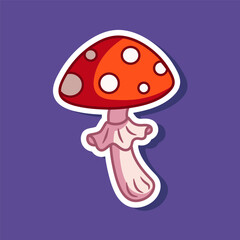 Fly agaric mushroom cartoon illustration sticker. Vector Halloween decoration element. Halloween-themed element