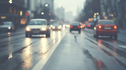 Busy city street during rainy weather with cars driving and blurred lights in the background