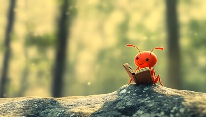 Naklejka premium Ant Reading Book Outdoors In Forest Setting