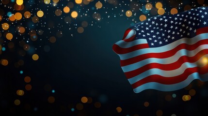 American Flag Waving at Night with Festive Lights