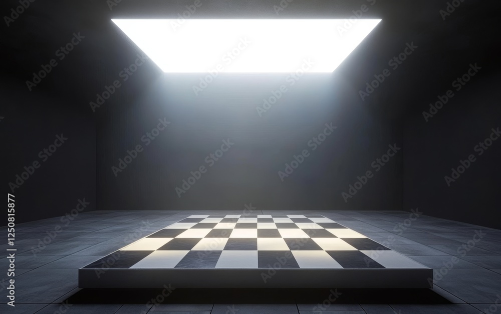 Poster illuminated chessboard platform in a dark infinite space with symmetrical glowing stripes