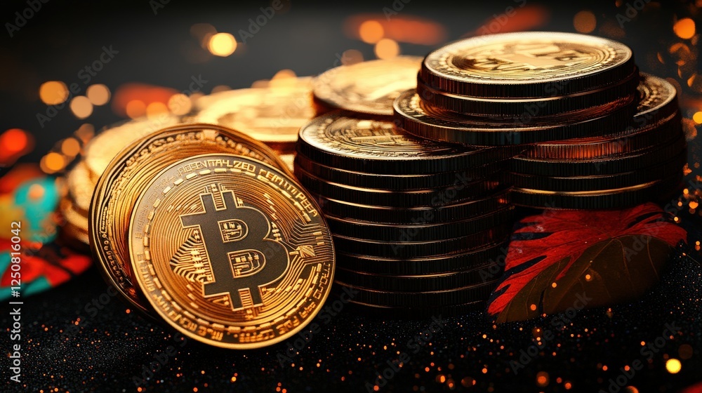Poster shiny bitcoin coins stacked against a dark background with glowing elements