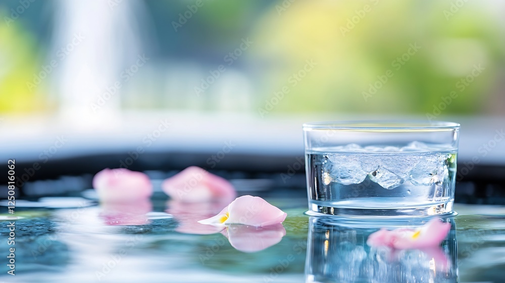 Aufkleber crystal clear water with ice and rose petals in a relaxing spa setting : generative ai