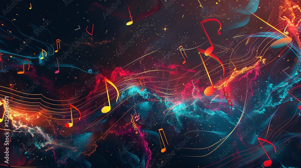 Poster abstract musical background with glowing notes and lines.