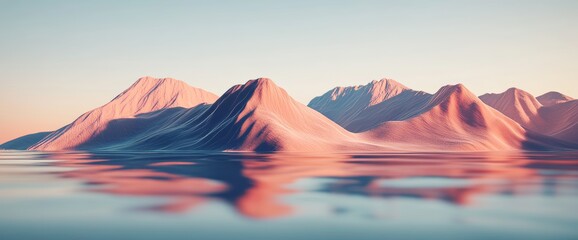 Surreal abstract landscape with floating island mountains and serene waters at dusk
