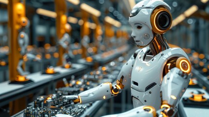 Fototapeta premium A robot AI in a factory, assembling parts with precision. HD 8K wallpaper Photographic Image