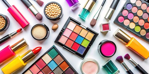 Flat Lay Cosmetics on White Background