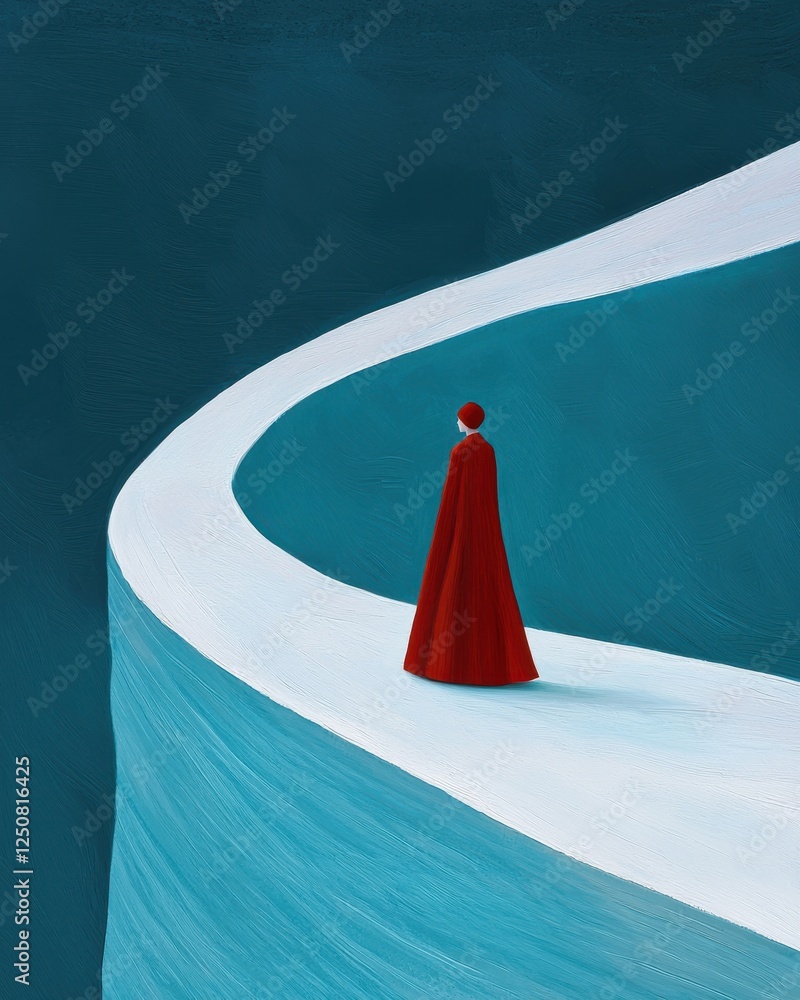 Poster contemplative figure walking along curved path abstract landscape digital art minimalist side view r