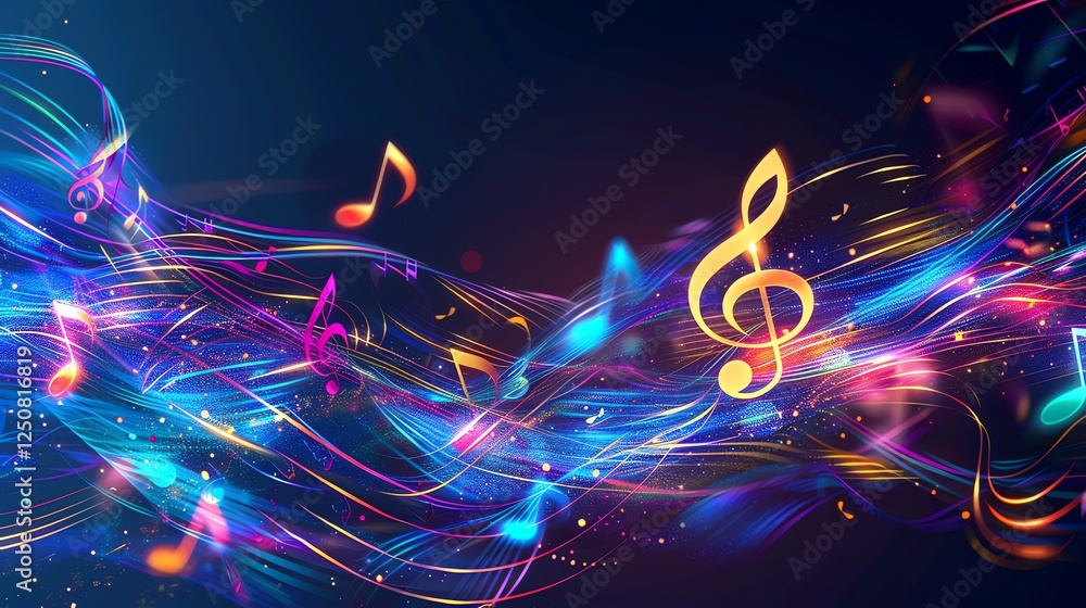 Poster abstract colorful music background with glowing notes and lines.