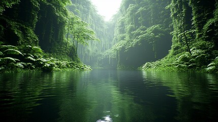 Lush jungle river canyon, mist, tranquility, background, travel