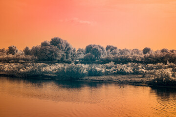 Infrared photography, a tranquil river scene with trees and foliage along the banks