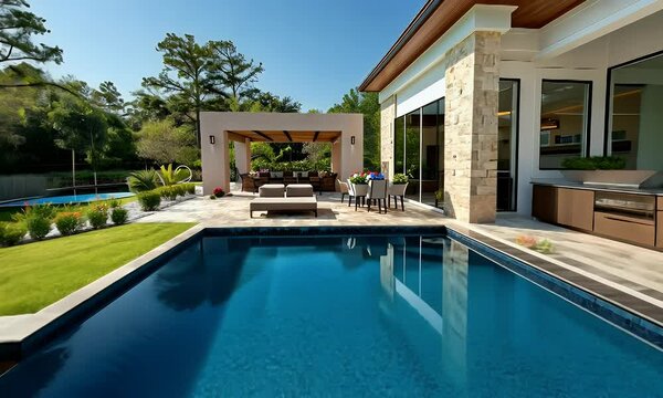 Modern poolside luxury home, outdoor living, sunny day, tranquil backyard