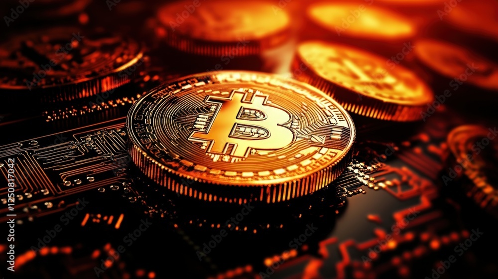 Poster golden bitcoin coins on dark background with circuit patterns