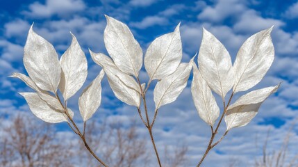 White leaves, branches, sky, winter, nature, background, botany, design