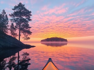 Canoeing at sunrise tranquil lake nature serene environment wide angle peaceful moment