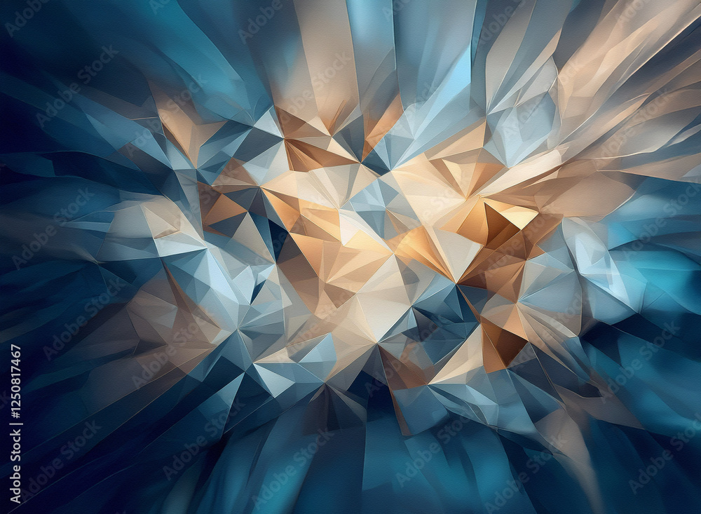 Poster abstract geometric background featuring dynamic blue and gold polygonal shards forming a burst effec