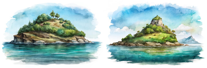 Fototapeta premium Beautiful watercolor landscapes, serene island views, lush greenery, tranquil waters, artistic nature scenes.