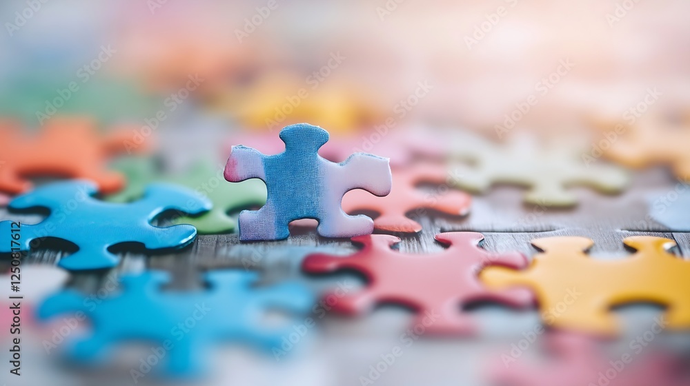Poster colorful puzzle pieces scattered on a surface with one piece prominently displayed in focus : genera