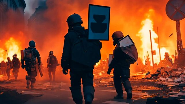Police and firefighters face a crisis amid smoke and fire in a bleak urban environment, highlighting civil unrest


