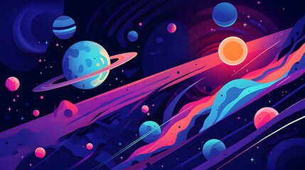 Fototapeta premium Vibrant cosmic scene, colorful planets and swirling galaxies, ideal for sci-fi themes or space exploration projects.