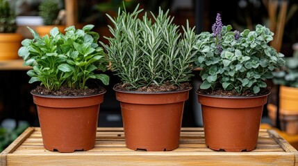 Fototapeta premium Grow Potted Herbs: Rosemary, Mint, Lavender