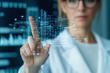 Young female scientist using digital interface for research, wearing glasses and lab coat, expressing concentration in a modern scientific environment with data visuals